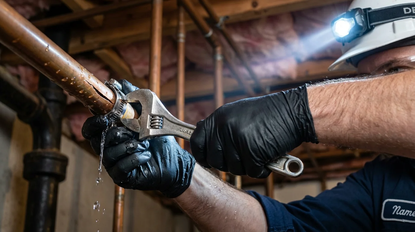 Emergency pipe clamp repair being performed by a Johns Plumbing LLC plumber in Walters