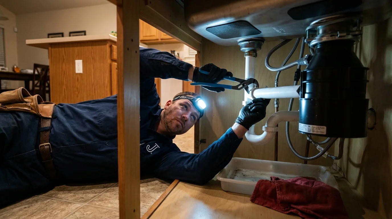 P-trap and supply line connections under a kitchen sink showing a common leak point in Walters, OK